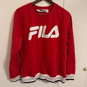 Fila Womens Red Crewneck Sweatshirt Large Logo Raglan Pullover Metallic Trim L